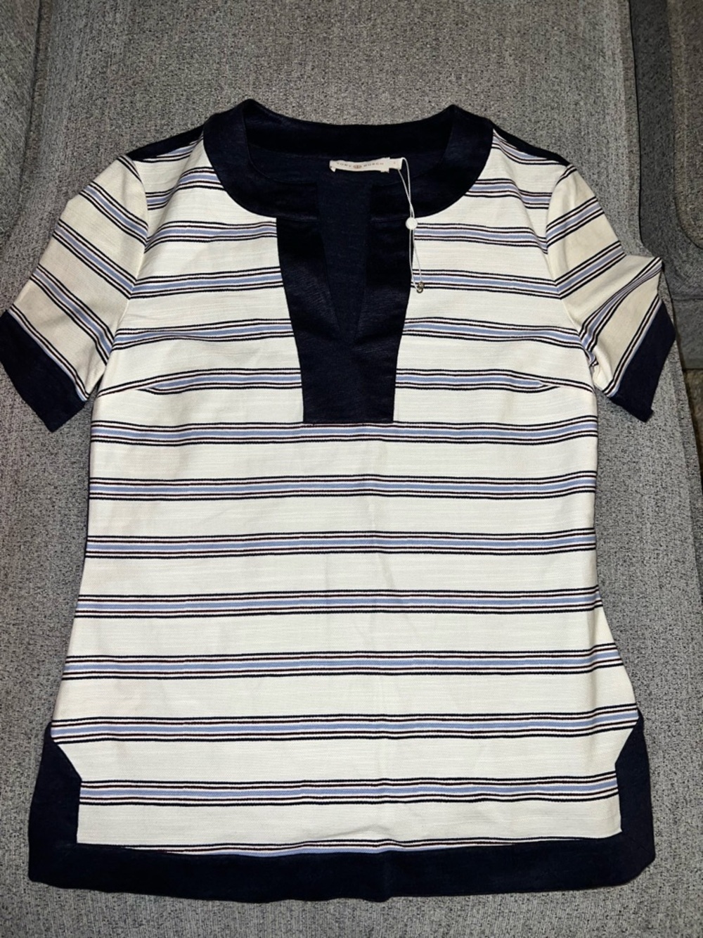 NWOT Tory Burch Zora Tee Stripe Plunge Neckline Cotton Linen Top  Size S